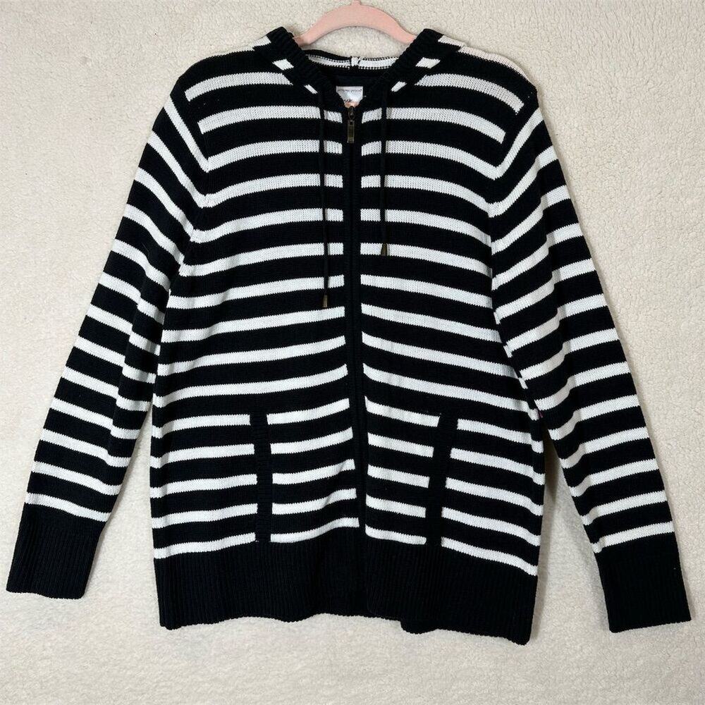 Just My Size Women's 1X Black Striped Hooded Cardigan Long Sleeve